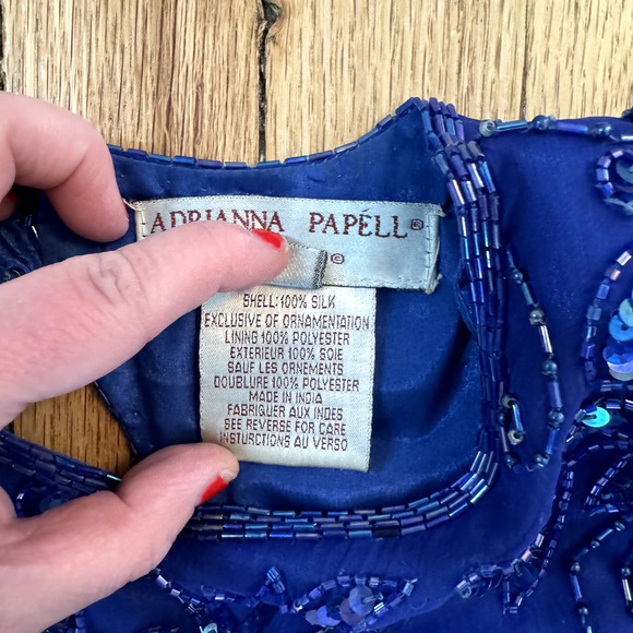 VTG ADRIANNA PAPELL DRESS 14 SILK BEADED BLUE FLORAL SEQUIN COCKTAIL RETRO SZ 6 - Picture 4 of 9